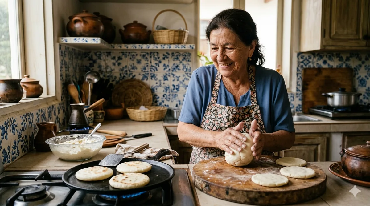 A paisa abuela cooking arepas on a flat griddle in a warmly lit kitchen, hands working dough