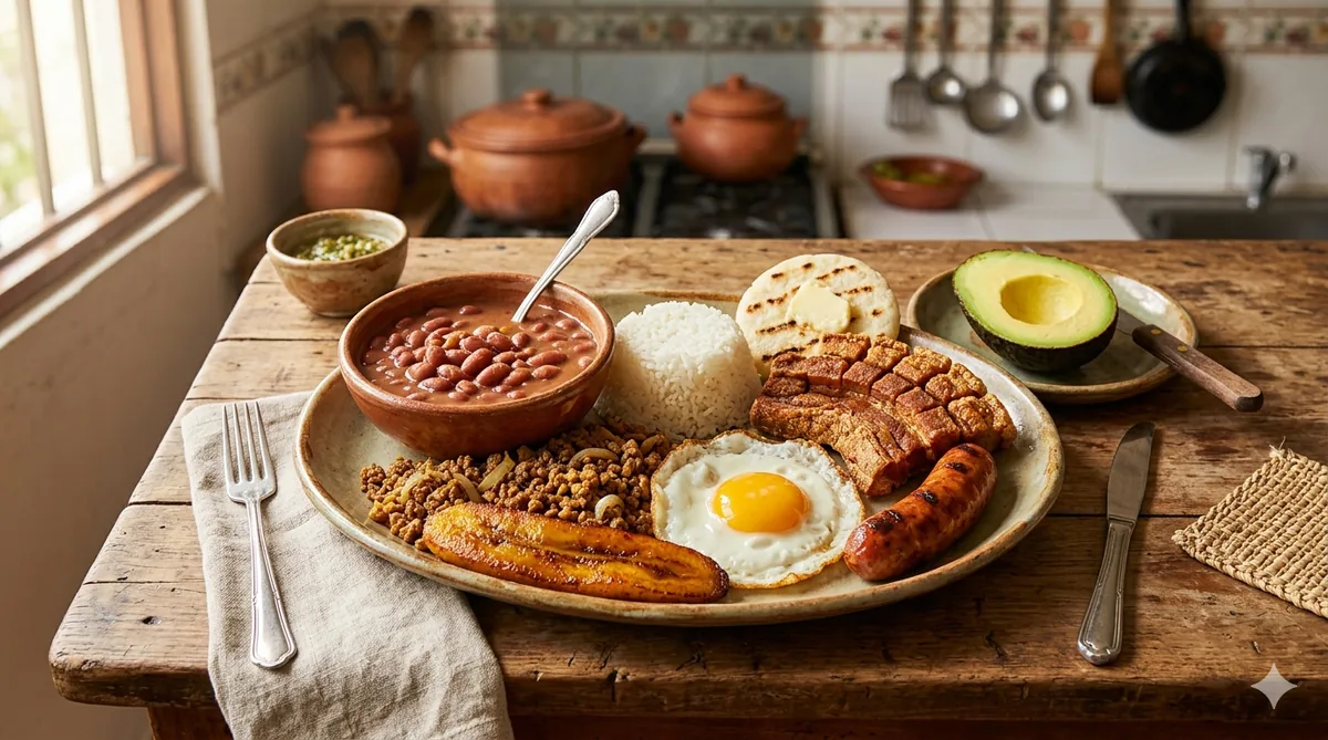 An overhead shot of a complete bandeja paisa: beans, rice, ground beef, chicharrón, fried egg, plantain, arepa, avocado, chorizo, on a rustic table