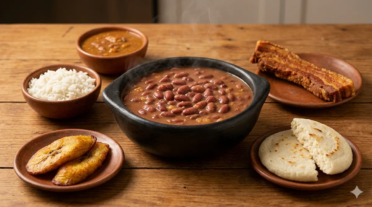 A steaming clay pot of paisa-style frijoles with sides of rice, plantain, and chicharrón
