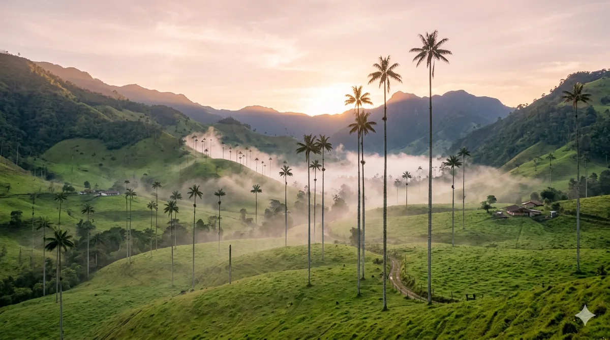 The wax palms of the Cocora Valley rising from morning mist, or a colourful Jardín street