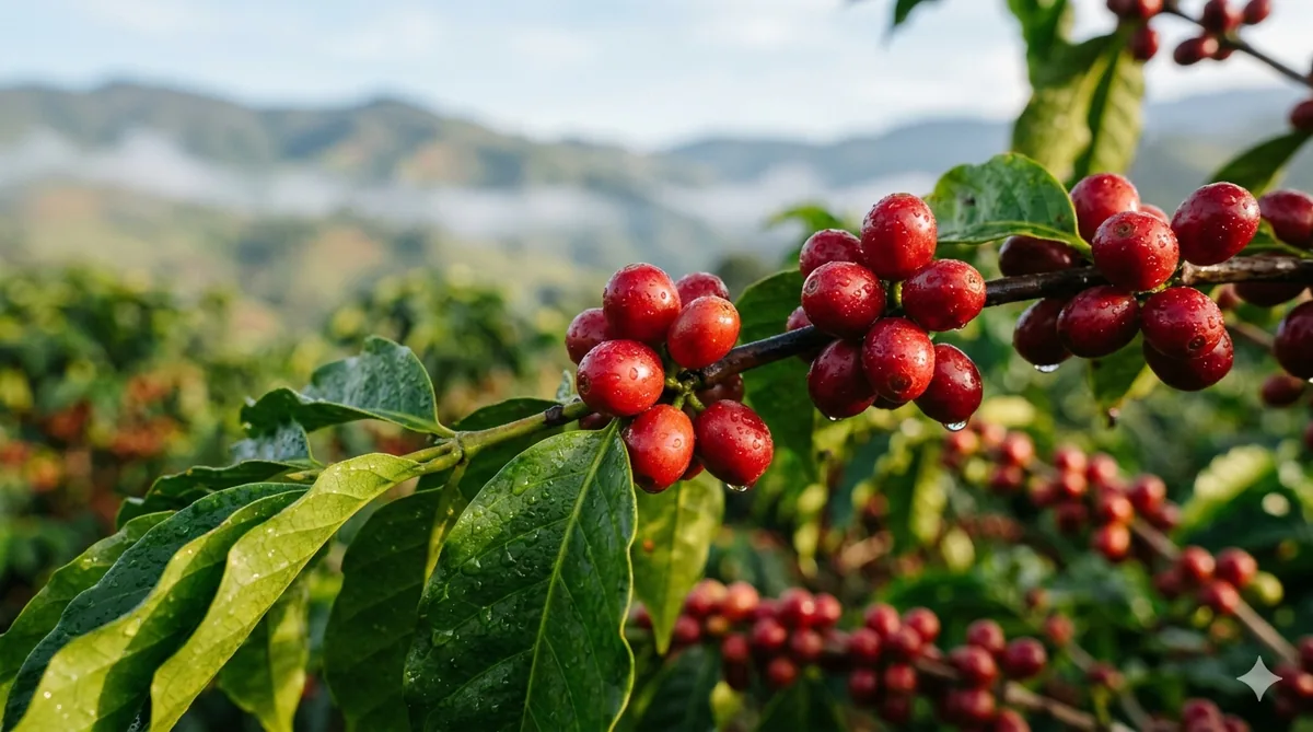 Red coffee cherries on the branch in a Colombian farm setting, morning light