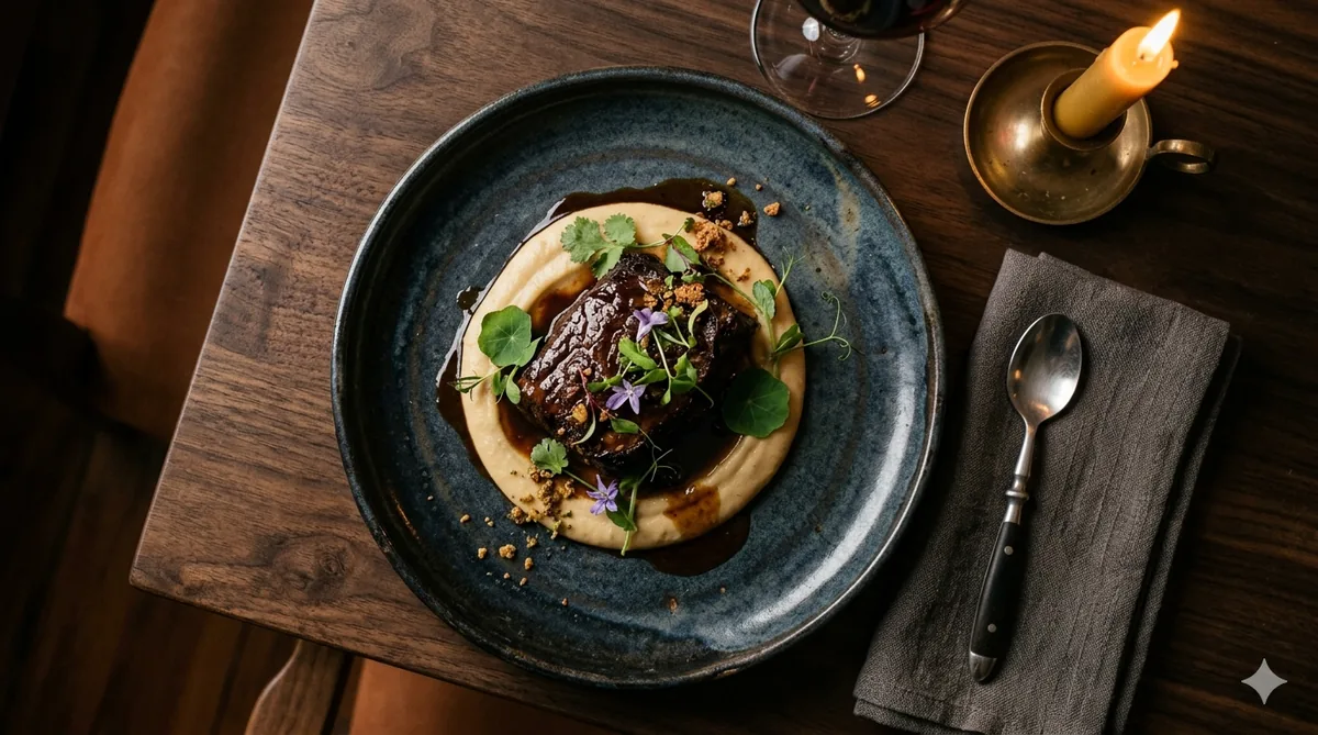 A plated contemporary Colombian dish, slow-cooked meat with local herbs and tubers, in low warm light