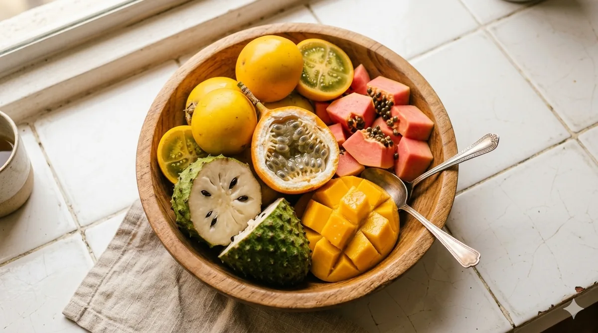 A bowl of bright Colombian tropical fruits: lulo, granadilla, papaya, guanábana, in afternoon light