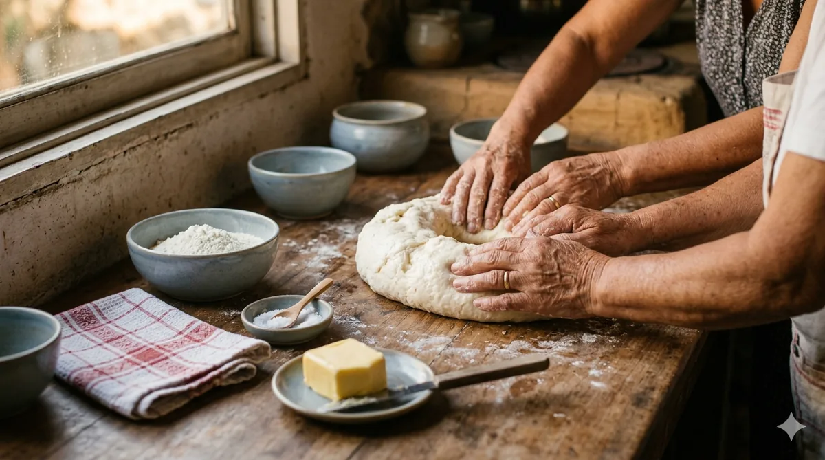 Hands shaping arepa dough on a wooden counter in a paisa-style kitchen, with ingredients arranged around