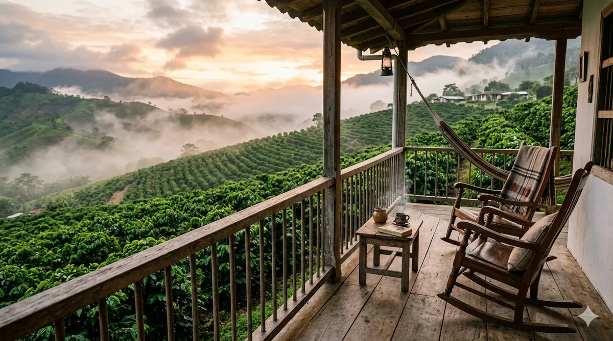 A finca-stay porch overlooking rows of coffee plants in early morning