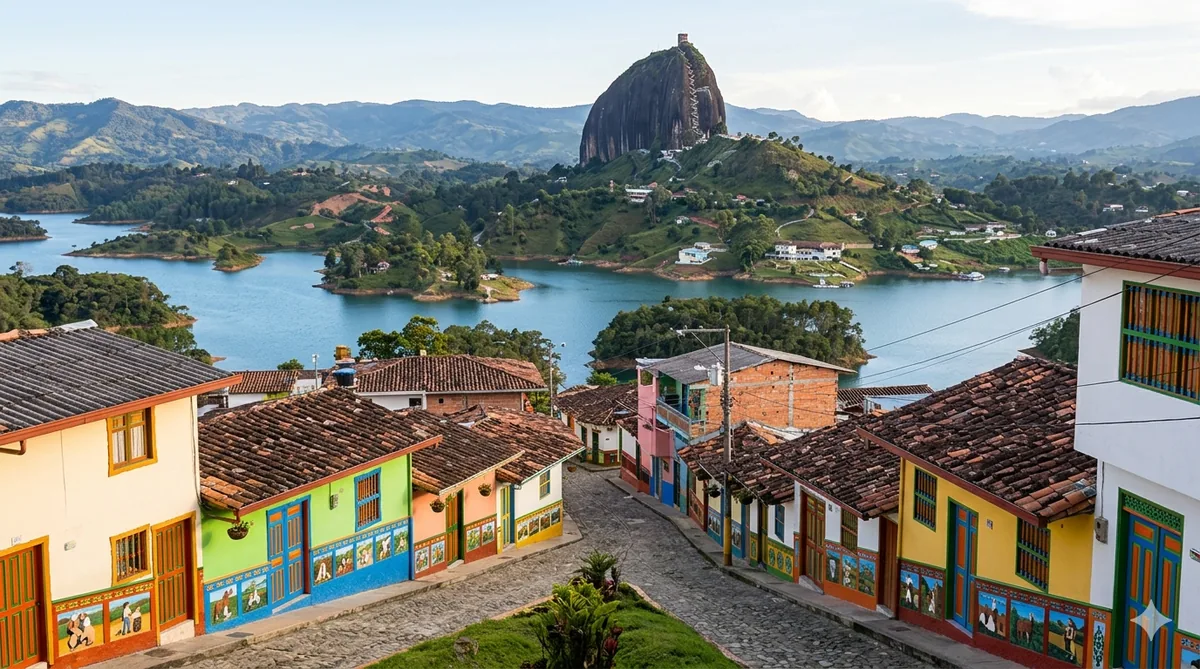 The Piedra del Peñol rising over the Guatapé reservoir, with the village's colourful zócalos visible