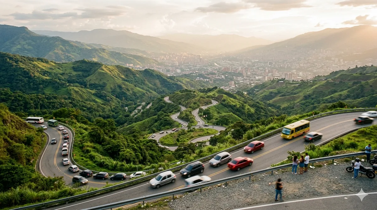 The Las Palmas highway winding down from Rionegro toward Medellín, mountains in soft afternoon light