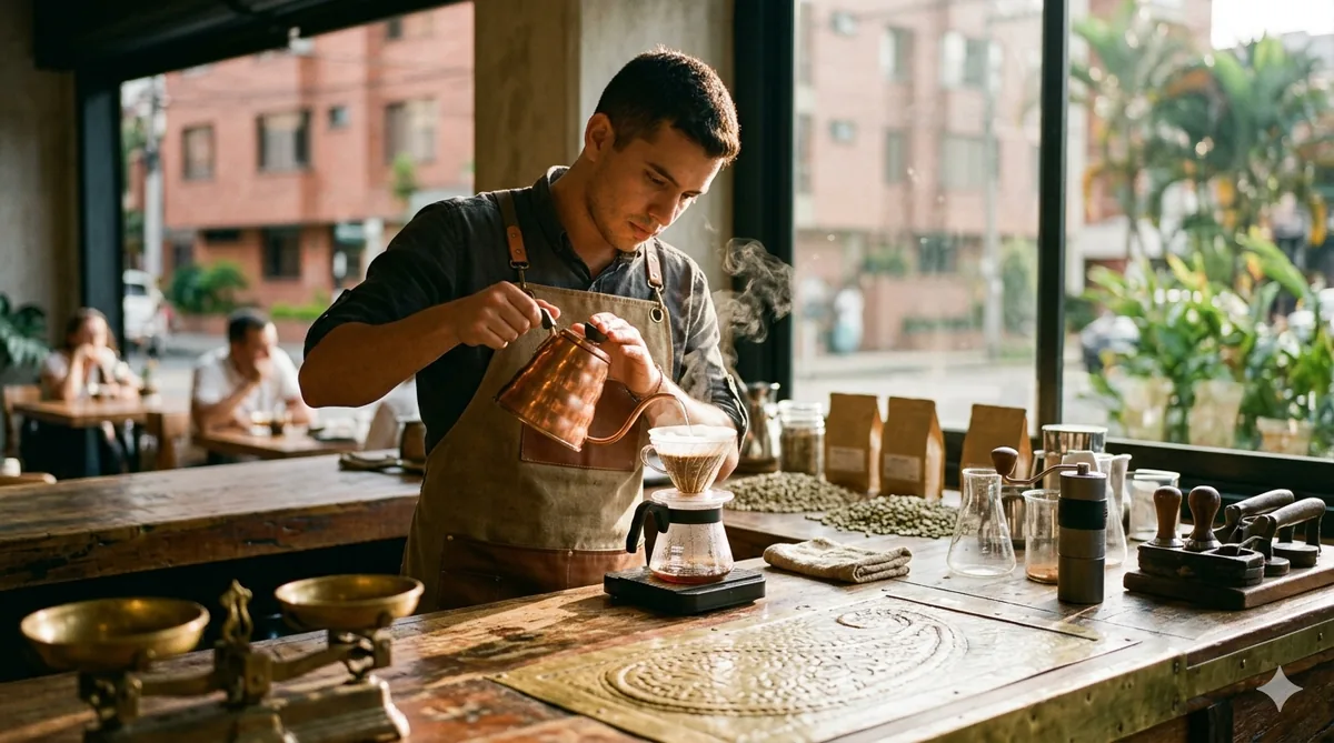A Colombian barista performing a slow pour-over in warm morning light, beans and brewing equipment visible