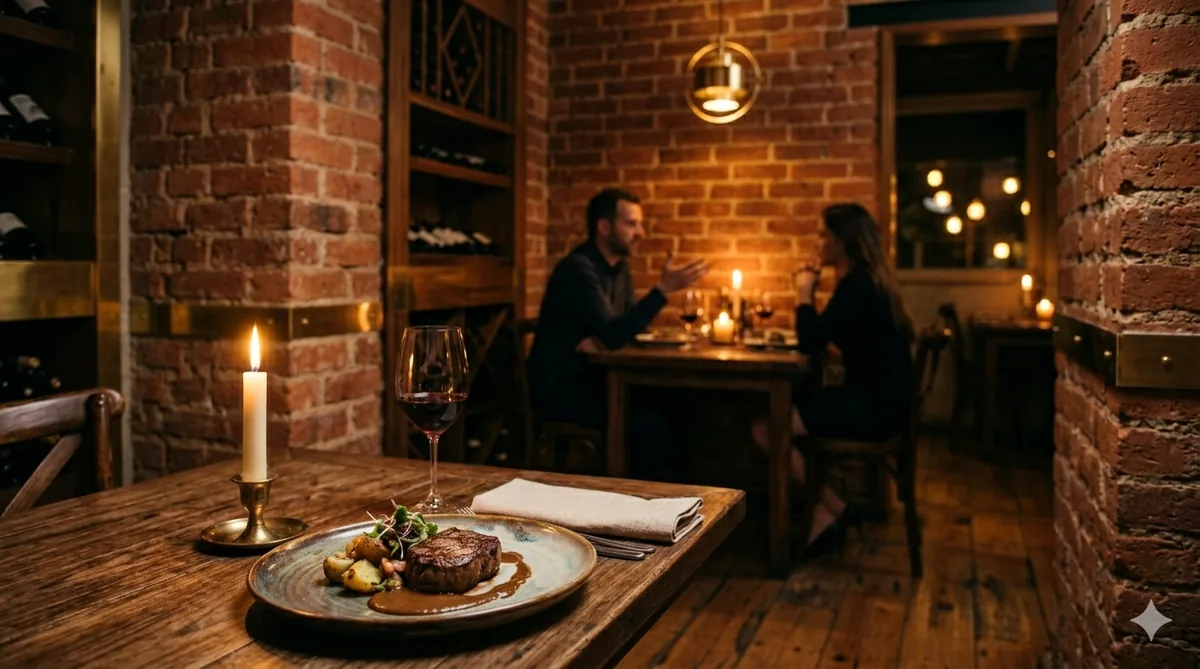 An intimate candlelit dining room in a Medellín fine-dining restaurant, plated course in foreground