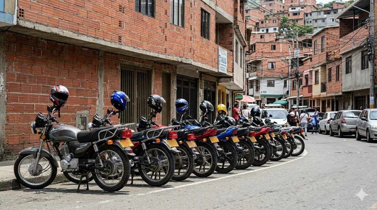 A line of motorcycles parked outside a Medellín building, paisa street scene