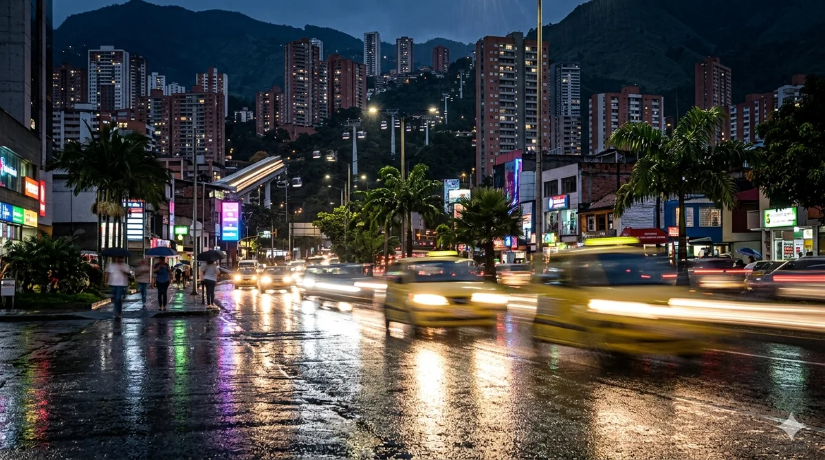 Medellín at night with traffic moving through the city, on the weekend Colombia votes for president and the Metro runs free until 6 p.m.