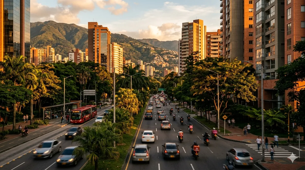 A Medellín street scene with traffic, mountains visible in the background, late-afternoon light