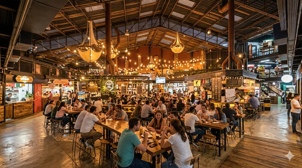 Mercado del Río interior, multiple food stalls under one roof, people eating at communal tables
