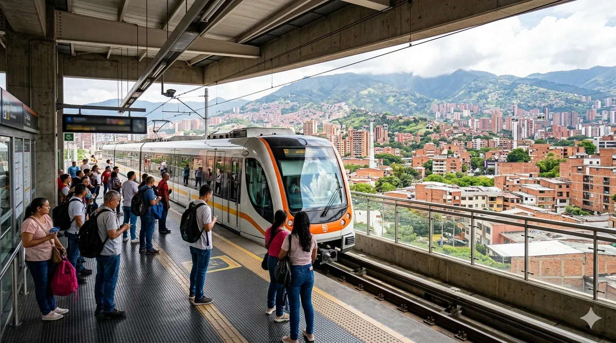 A Medellín Metro train approaching a station, modern platform infrastructure visible