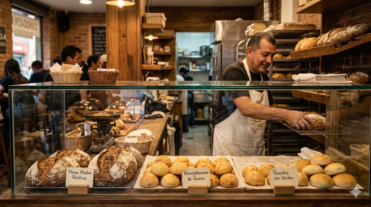A Colombian bakery counter, artisan loaves, warm light