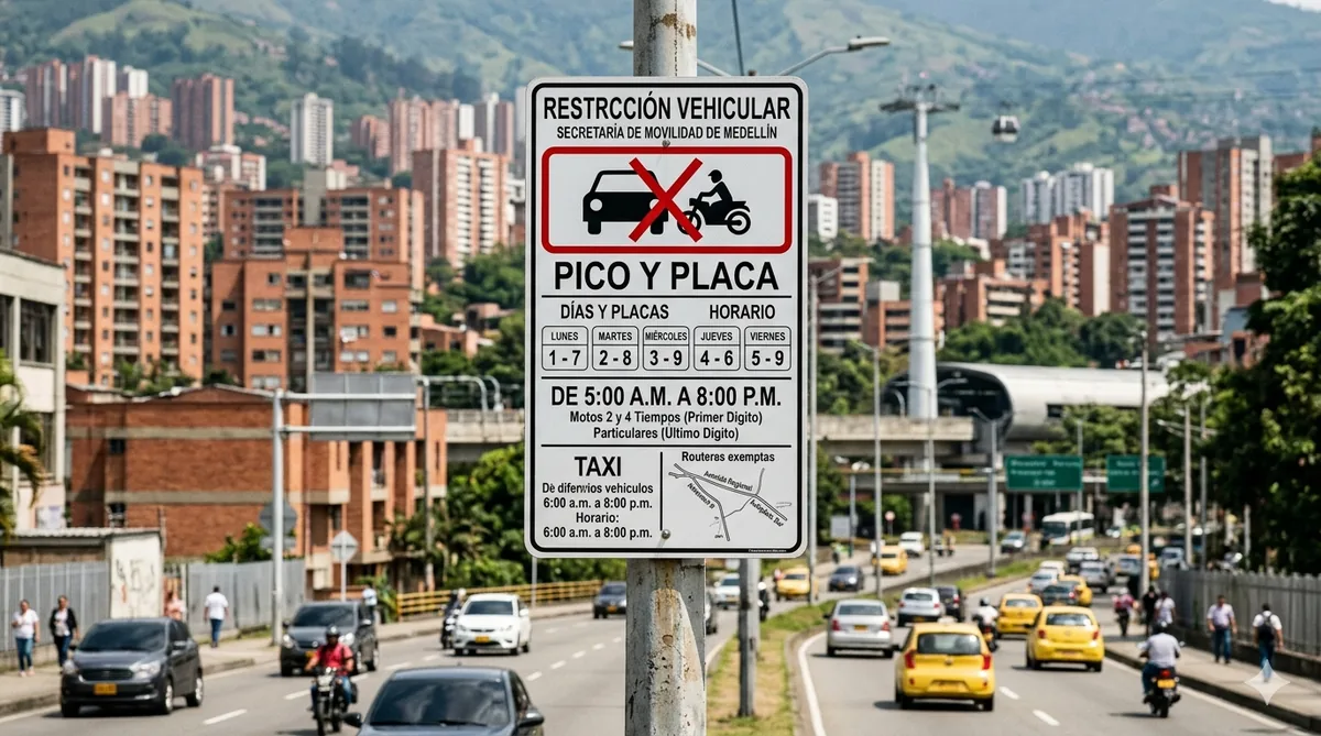 A pico y placa traffic restriction sign on a Medellín street
