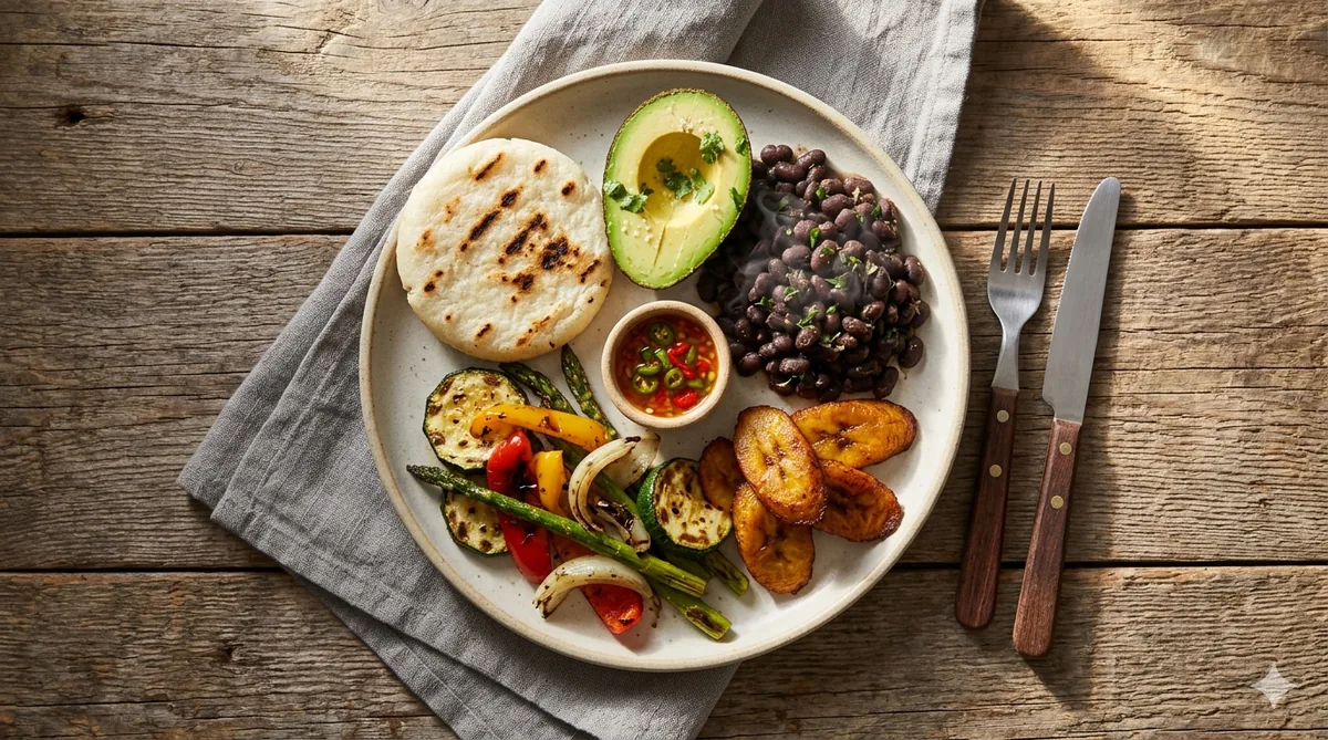 An overhead shot of a plant-forward Colombian plate with arepa, avocado, beans, and plantain, in warm natural light