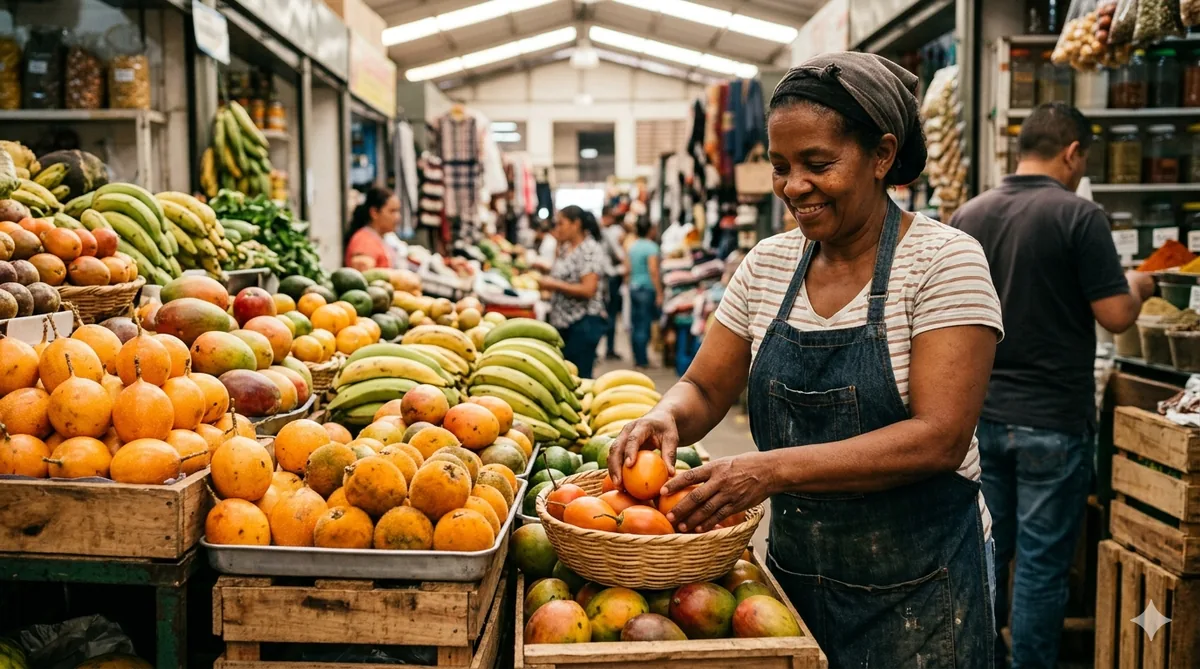 A market vendor at Plaza Minorista with bright tropical fruits and produce