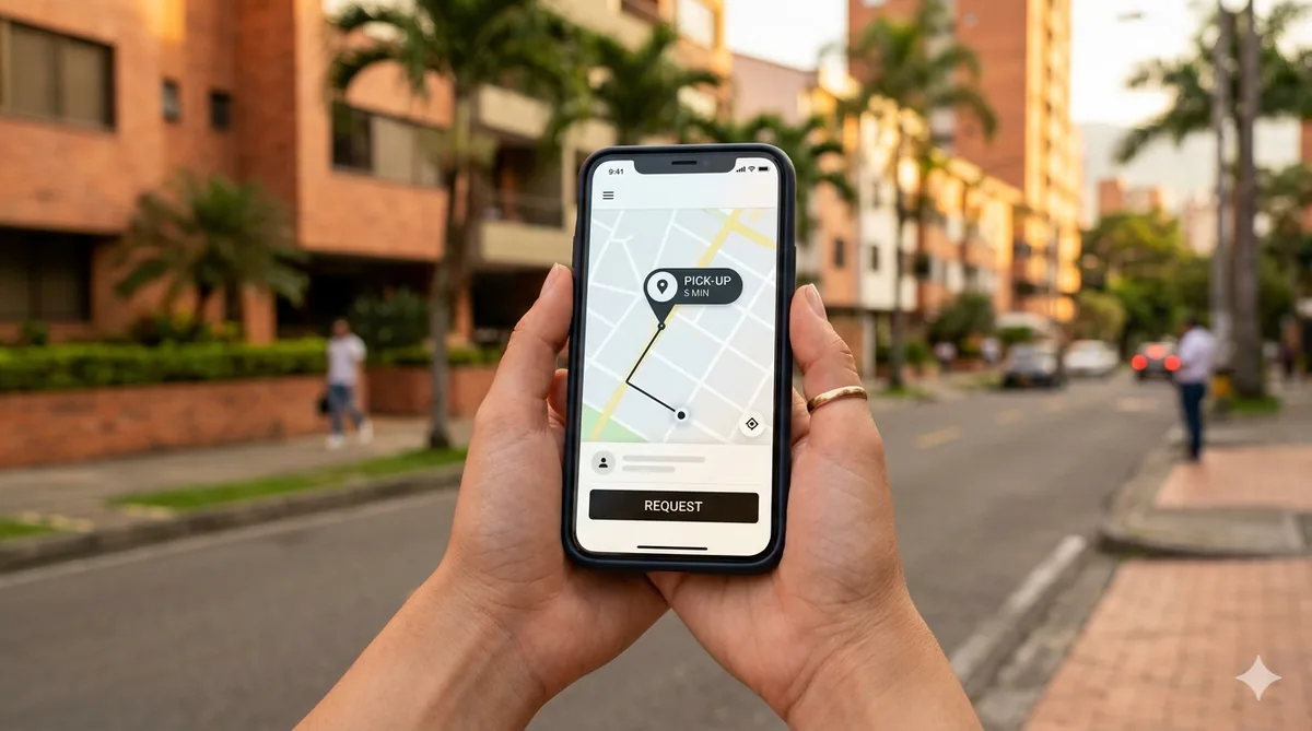 A hand holding a phone with a ride-hailing app open, showing a Medellín street pickup point