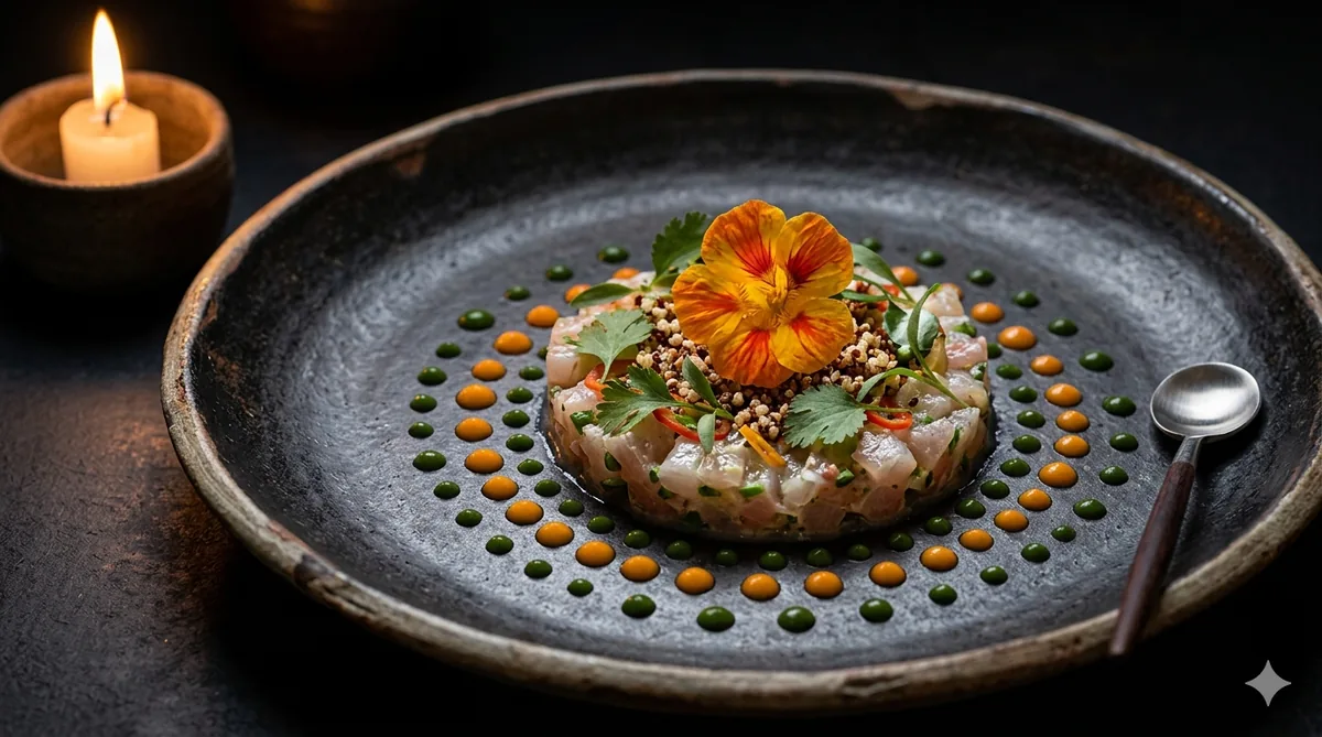 A beautifully plated tasting-menu course featuring Colombian ingredients, low candlelit setting