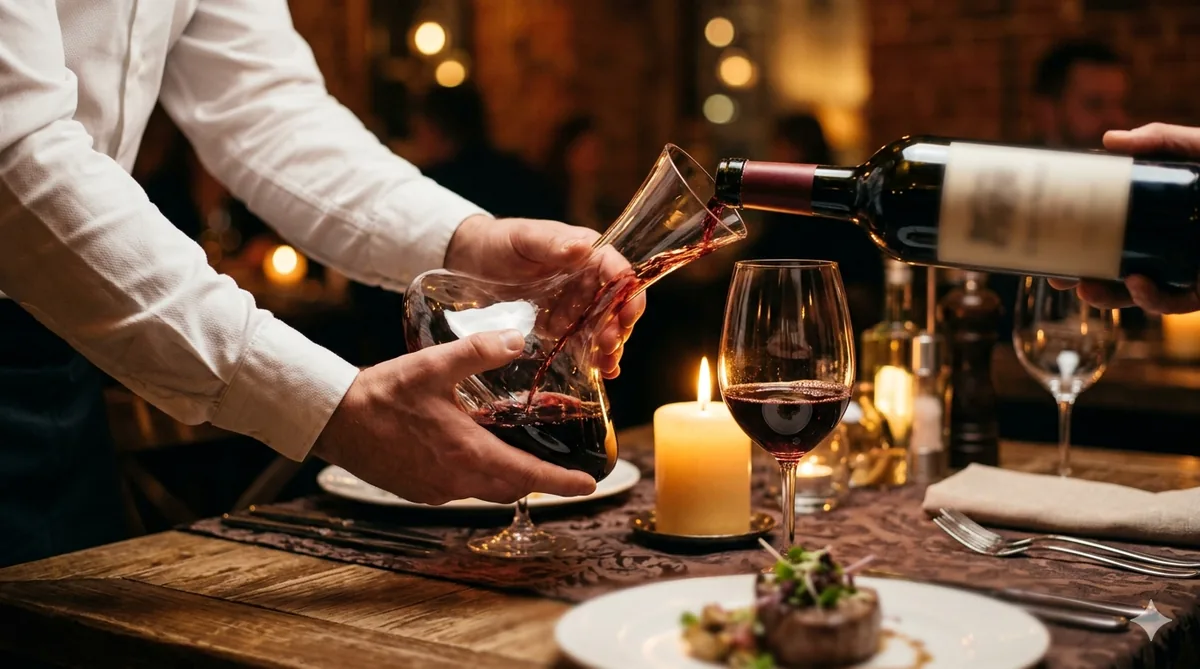 A sommelier pouring wine for a diner at a candlelit table